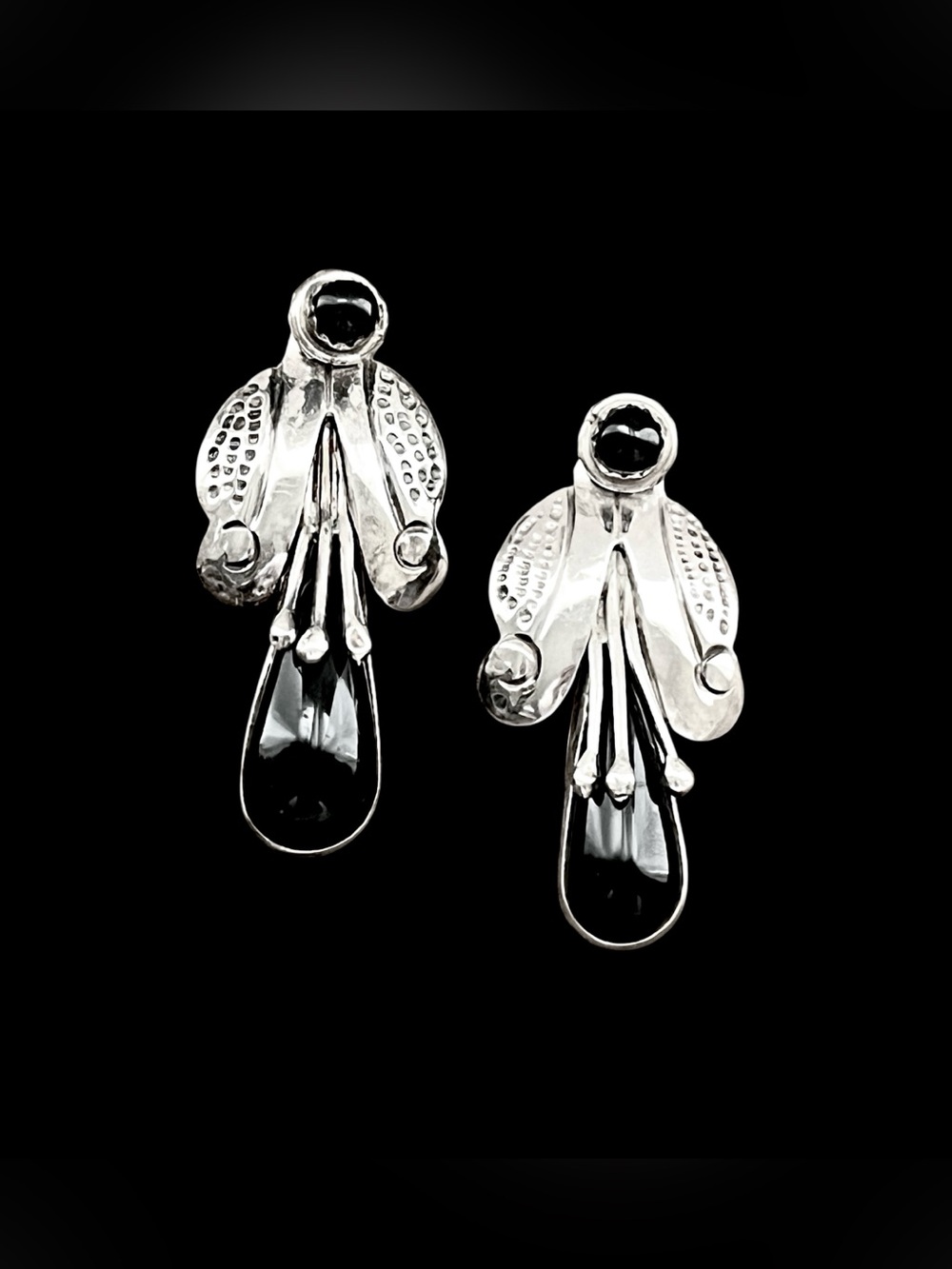 Vintage Taxco Sterling Silver Black Onyx Jacket Earrings 2 in 1 Convertible - Picture 2 of 10